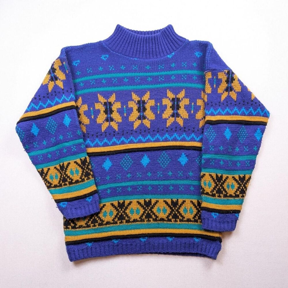 Vintage Fair Isle Geometric Blue Sweater Retro 90s Size Medium/Small